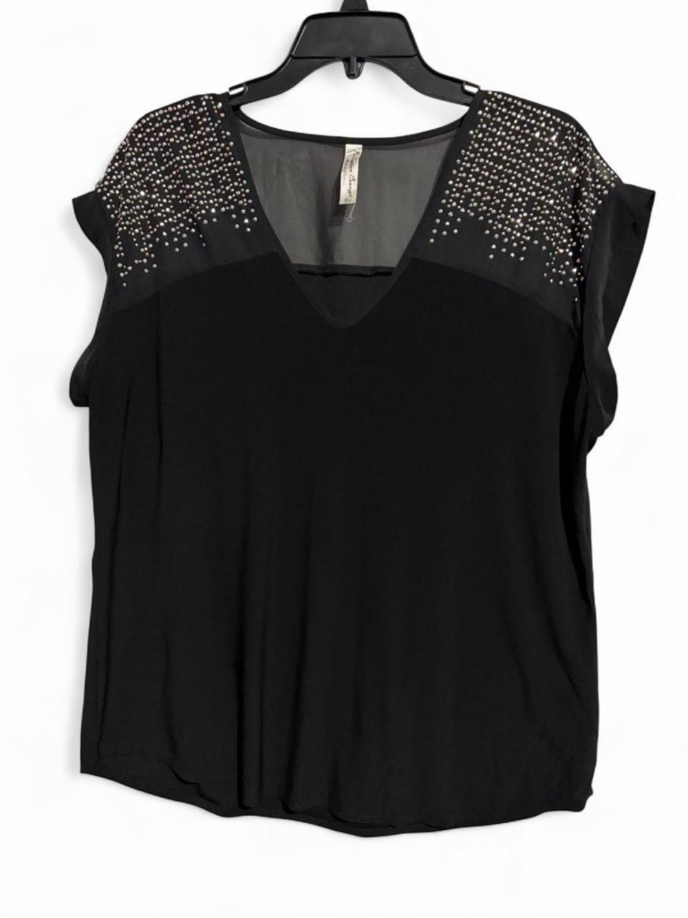 PerSeption Concept Black V-Neck Cap Sleeve Top with Studded Shoulders